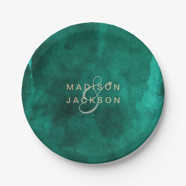 Emerald Green Watercolor & Gold Wedding Monogram Paper Plate (Front)
