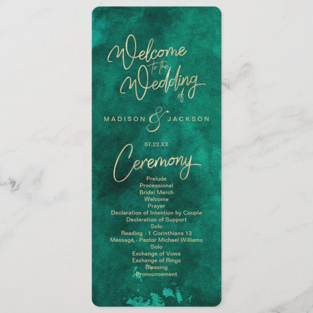 Emerald Green Watercolor & Gold Wedding Program (Front)
