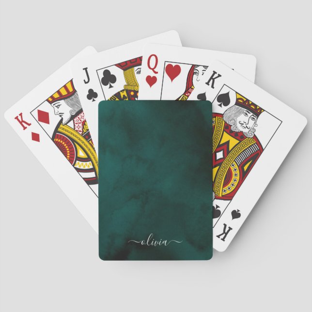 Emerald Green Watercolor Monogram Playing Cards (Back)