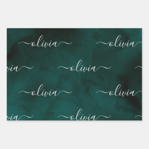 Emerald Green Watercolor Monogram Wrapping Paper Sheet