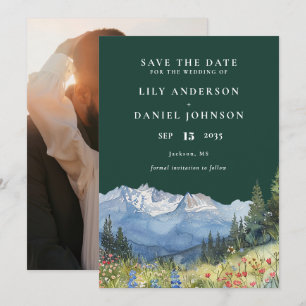 Emerald Green Watercolor Mountain Photo Wedding Save The Date