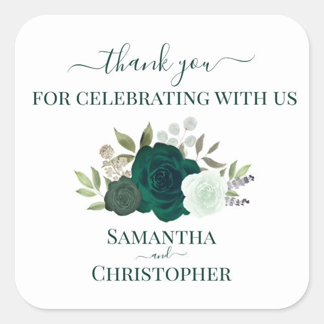 Emerald Green Watercolor Roses Wedding Thank You Square Sticker (Front)