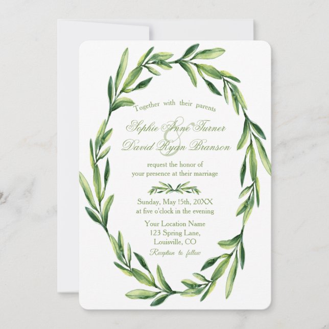 Emerald Green Watercolor Wreath Wedding Invitation (Front)