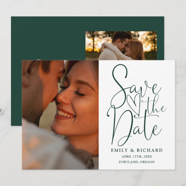 Emerald Green Wedding 2 Photo Elegant Script Save The Date (Front/Back)