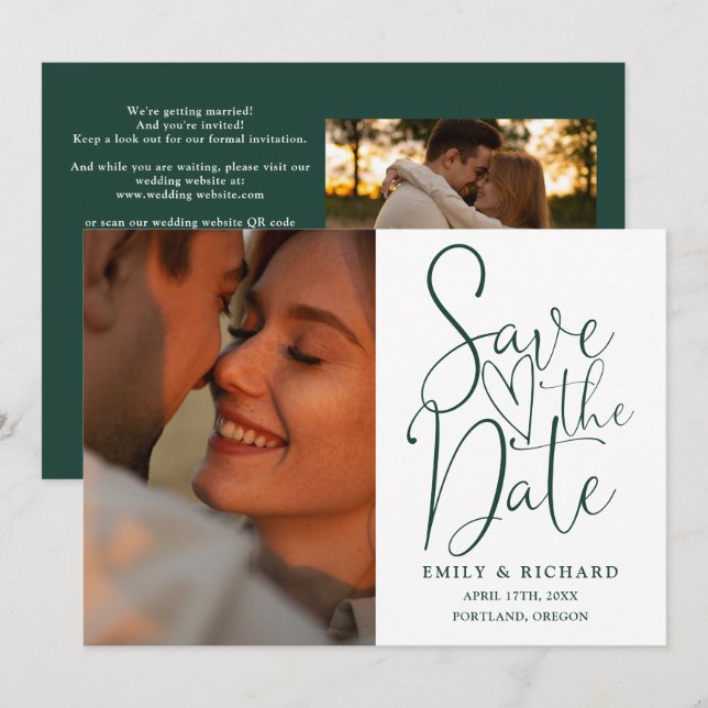 Emerald Green Wedding 2 Photo QR Code Script Save The Date (Front/Back)