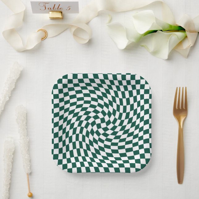 Emerald Green Wedding Collection Check Chequered  Paper Plate (Wedding)