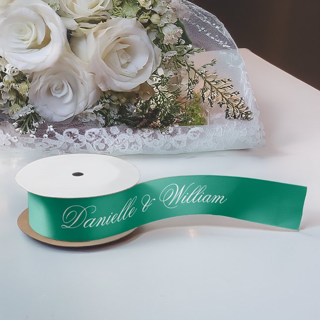 Emerald Green Wedding Elegant Script Calligraphy Satin Ribbon (Creator Uploaded)