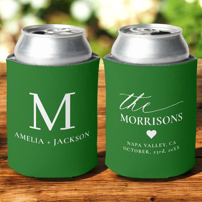 Emerald Green Wedding Favour Monogram Name Heart Can Cooler (Creator Uploaded)