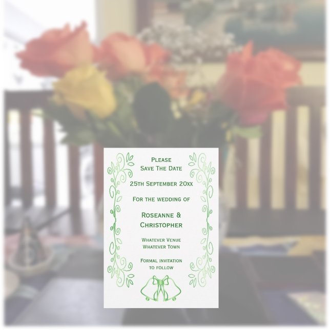 Emerald Green Wedding Save The Date Bells (Emerald green wedding save the date card bells and scrollwork design)