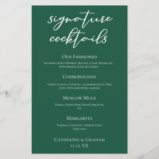 Emerald Green Wedding Signature Cocktails Bar Menu (Front)