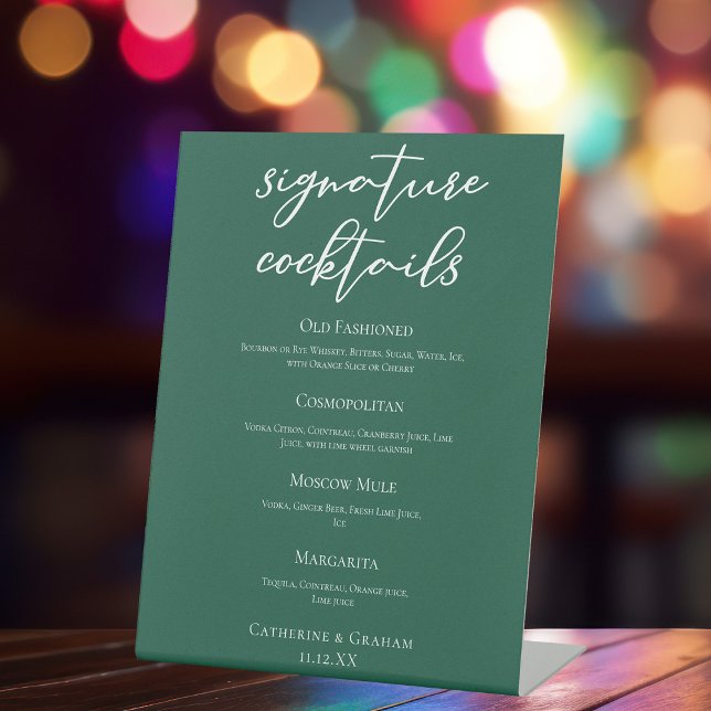 Emerald Green Wedding Signature Cocktails Bar Menu Pedestal Sign (Creator Uploaded)