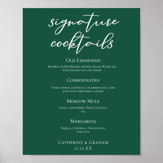 Emerald Green Wedding Signature Cocktails Bar Menu Poster (Front)