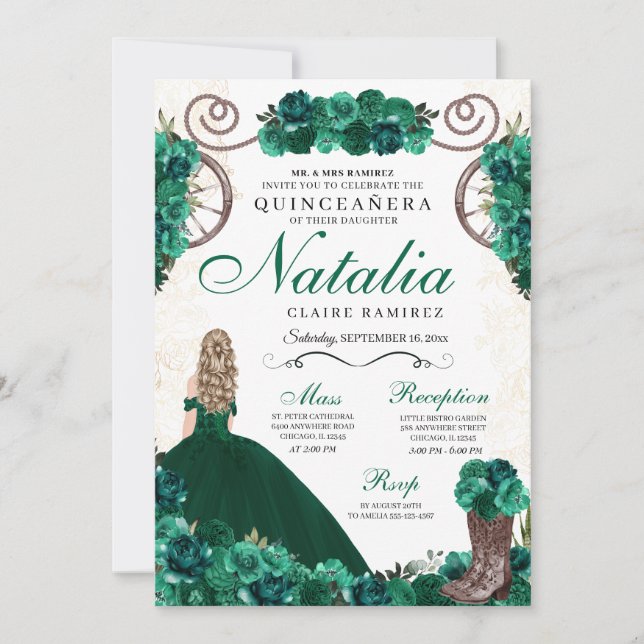 Emerald Green Western Charra Princess Quinceanera Invitation (Front)