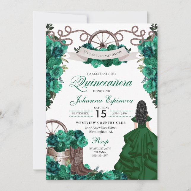 Emerald Green Western Ranchero Quinceanera Invitation (Front)