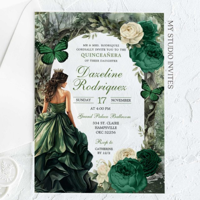 Emerald Green Whimsical Forest Quinceanera Acrylic Invitations (Creator Uploaded)