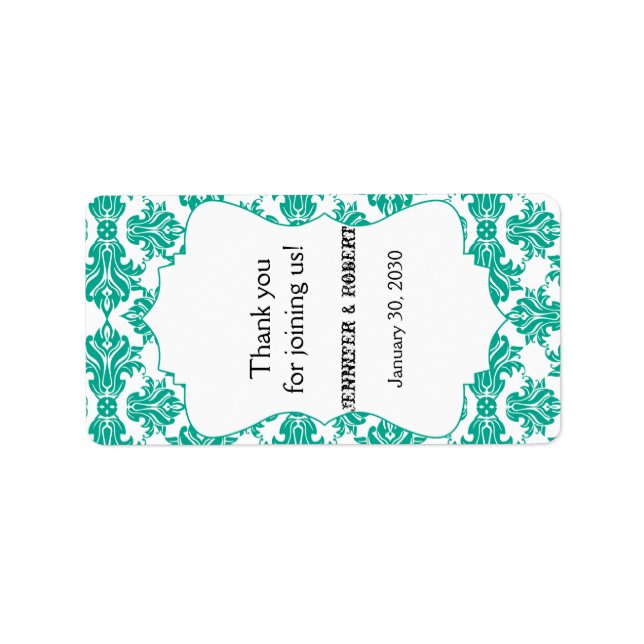 Emerald Green White Damask Wedding Lip Balm Label (Front)