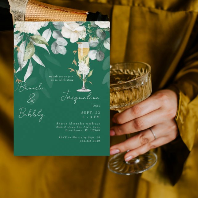 Emerald Green White Floral Brunch & Bubbly Invitation (Creator Uploaded)