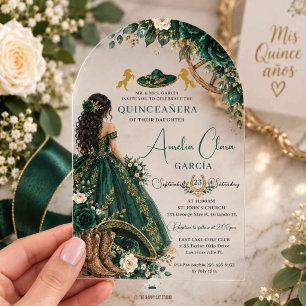 Emerald Green White Floral Charro Quinceanera Acrylic Invitations