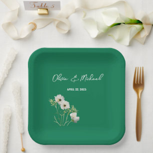Emerald green White flowers Wedding Paper Plates