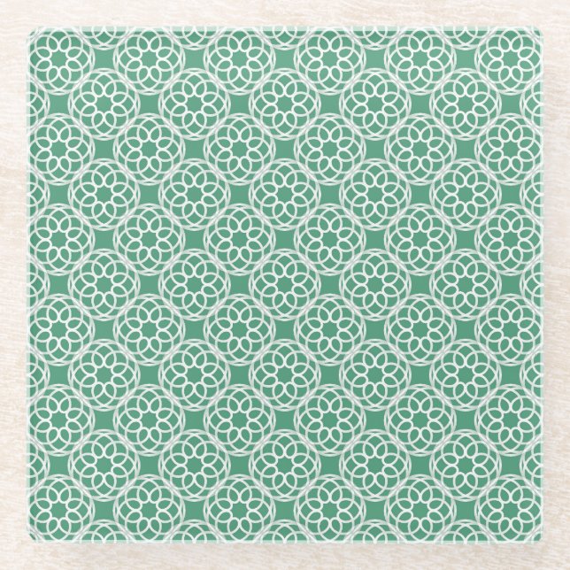 Emerald Green White Geometric Seamless Pattern Glass Coaster (Front)