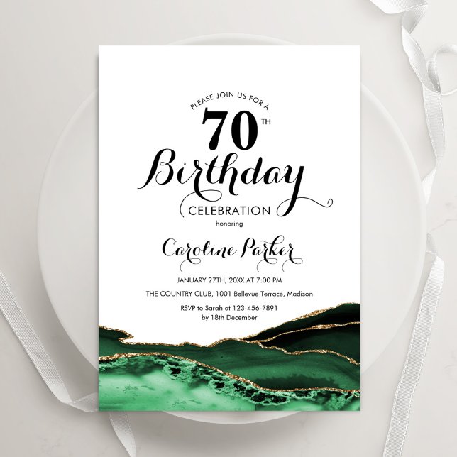 Emerald Green White Gold Agate 70th Birthday Invitation (Creator Uploaded)