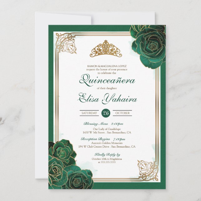 Emerald Green White Gold Roses Royal Quinceanera Invitation (Front)