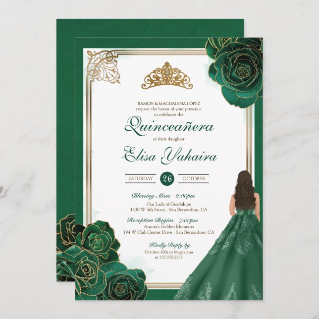 Emerald Green White Gold Roses Royal Quinceanera Invitation (Front/Back)
