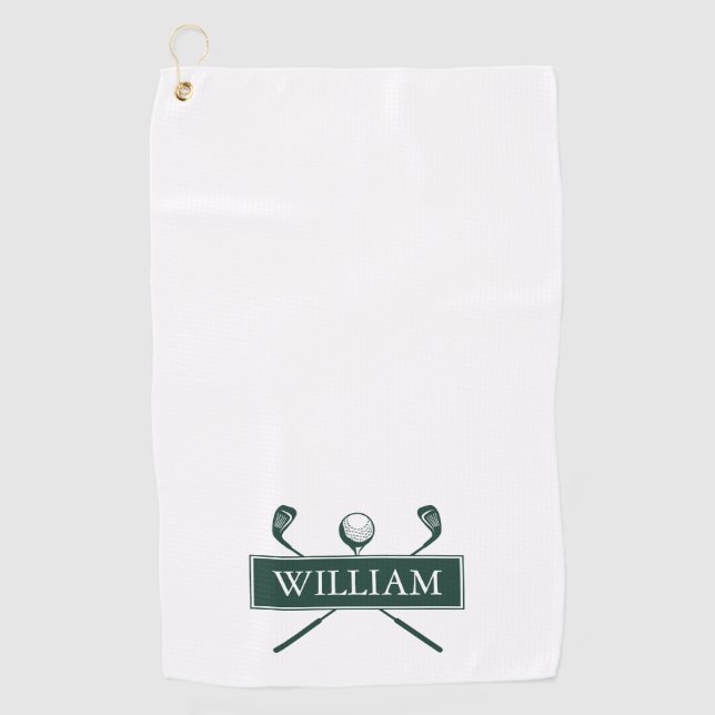 Emerald Green White Golf Clubs Personalised Name Towel (Front)