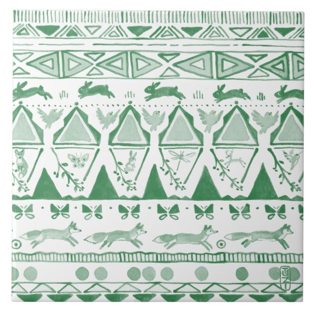 Emerald Green White Ikat Woodland Animal Pattern Ceramic Tile (Front)