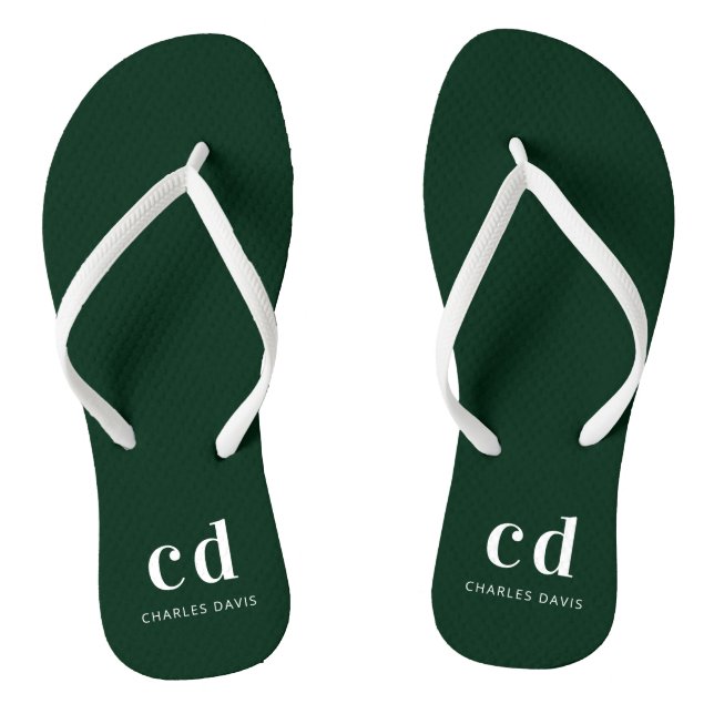 Emerald green white monogram initials name thongs (Footbed)