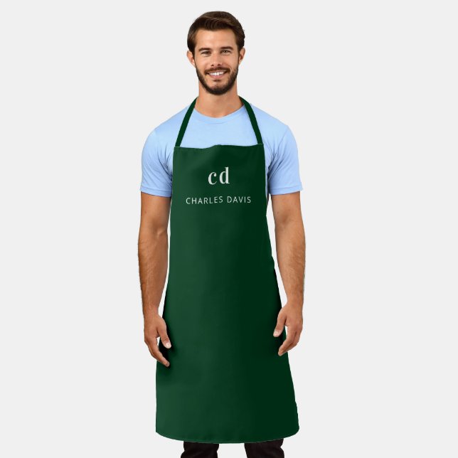 Emerald green white monogram name business apron (Worn)