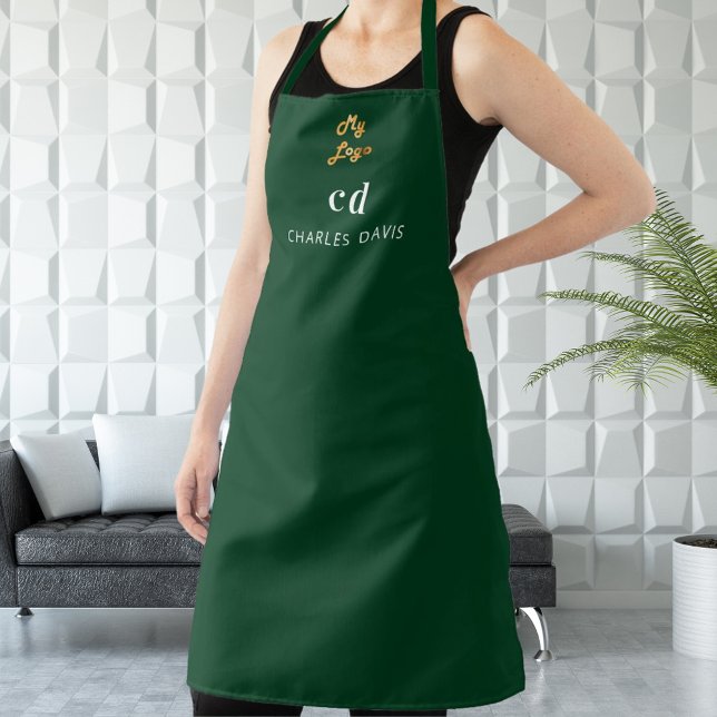 Emerald green white monogram name business logo apron (Creator Uploaded)