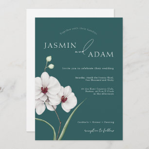 Emerald Green White Orchids Initial Floral Wedding Invitation