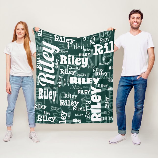 Emerald Green White Personalised Name Pattern  Fleece Blanket (In Situ)