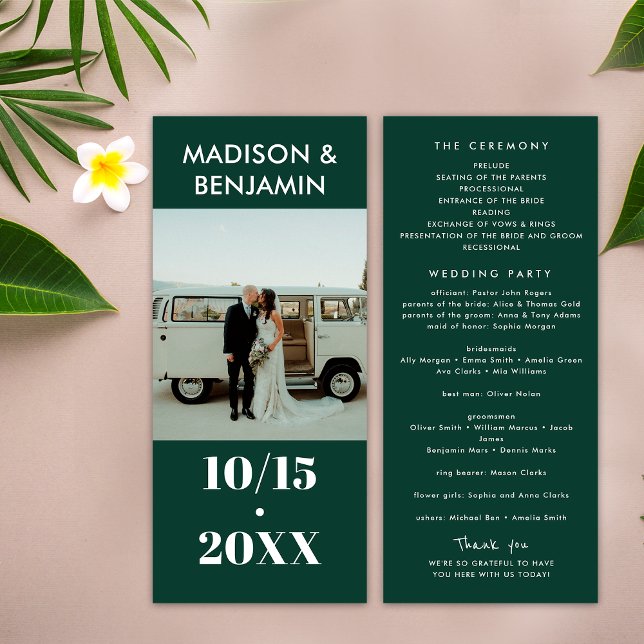 Emerald Green White Photo Bold Minimalist Wedding Program (Front / Back)