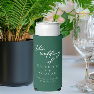 Emerald Green White Script Personalised Wedding Seltzer Can Cooler