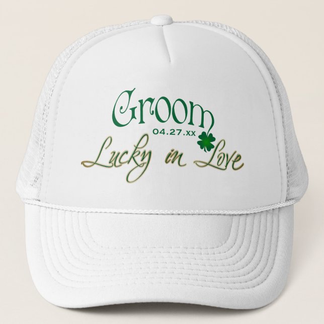 Emerald Green, White Shamrock Lucky in Love Bride Trucker Hat (Front)