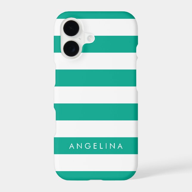 Emerald Green & White Striped Pattern Custom Name (Back)