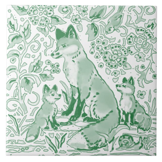 Emerald Green White Woodland Cute Fox Intricate Ceramic Tile (Front)