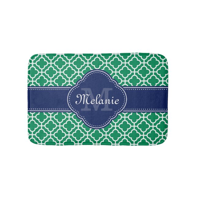Emerald Green Wht Moroccan Pattern Navy Monogram Bath Mat (Front)