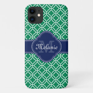 Emerald Green Wht Moroccan Pattern Navy Monogram iPhone 11 Case