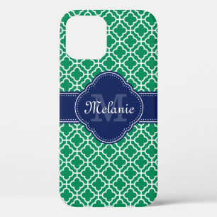Emerald Green Wht Moroccan Pattern Navy Monogram iPhone 12 Case
