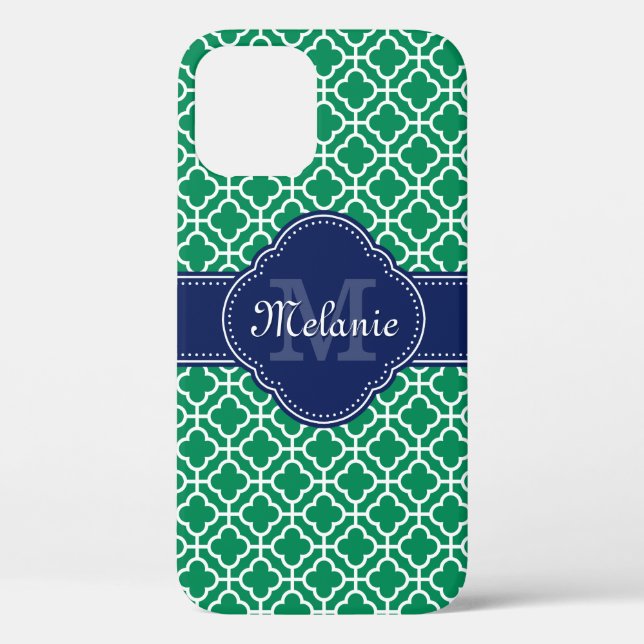 Emerald Green Wht Moroccan Pattern Navy Monogram Case-Mate iPhone Case (Back)