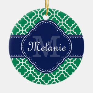 Emerald Green Wht Moroccan Pattern Navy Monogram Ceramic Ornament