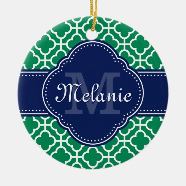 Emerald Green Wht Moroccan Pattern Navy Monogram Ceramic Ornament (Front)