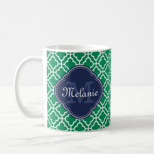 Emerald Green Wht Moroccan Pattern Navy Monogram Coffee Mug