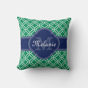 Emerald Green Wht Moroccan Pattern Navy Monogram Cushion