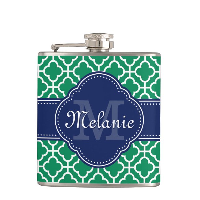 Emerald Green Wht Moroccan Pattern Navy Monogram Hip Flask (Front)