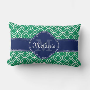 Emerald Green Wht Moroccan Pattern Navy Monogram Lumbar Cushion