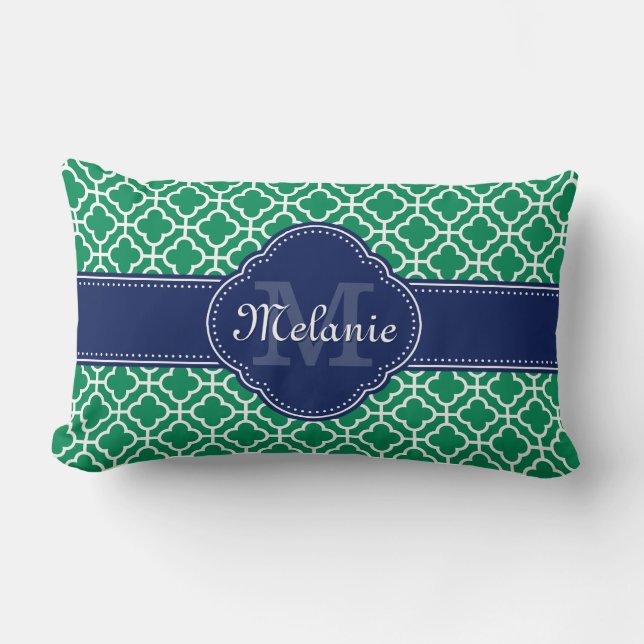 Emerald Green Wht Moroccan Pattern Navy Monogram Lumbar Cushion (Front)